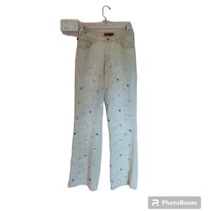 empathy embroidered floral light green mid rise wide leg jeans womens 8